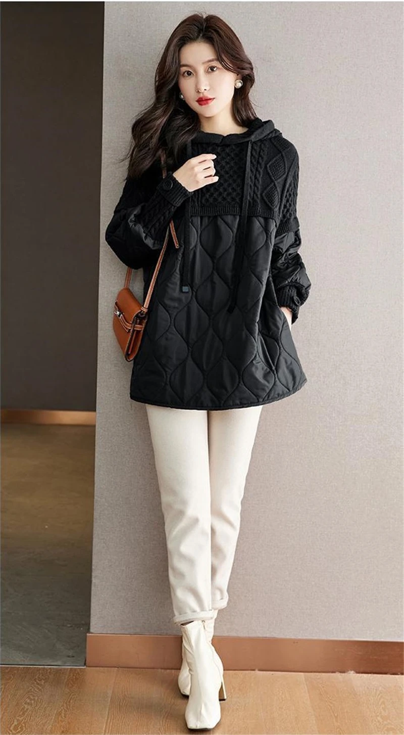 Down Cotton Jacket 2025 Comfortable Elegant Loose Women's Winter Parka Hooded Splicing Appear Thin Female Knitting Jacket