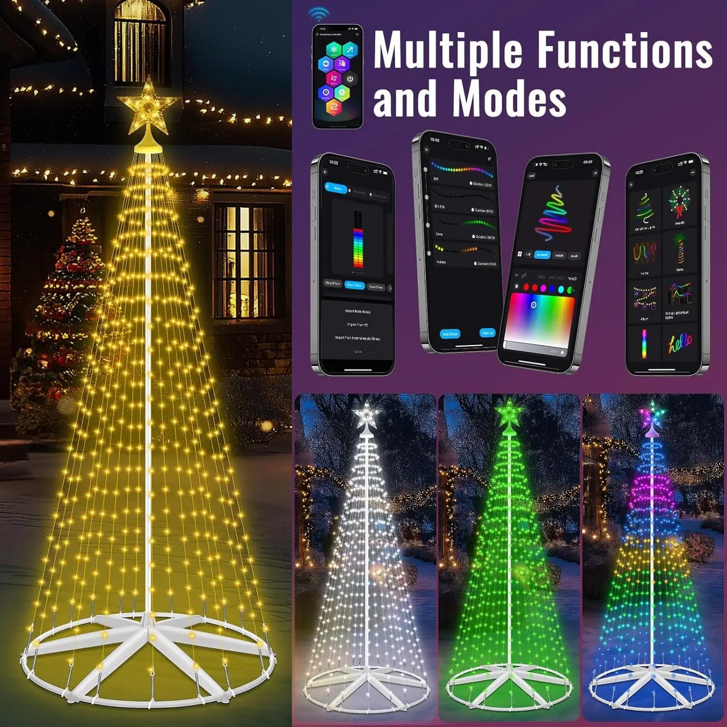9.5FT Lighted Outdoor Christmas Tree Smart App Control, RGB Chirstmas Cone Tree Lights Music Sync, DIY Prelit Christmas Tree