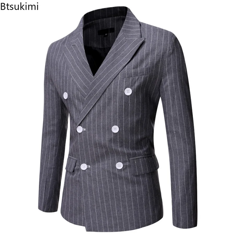 Spring Autumn New Men's Striped Blazer Jacket Fashion Double Breasted Men Suit Coats Casual Business Homme Costume Gentleman 3XL