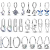 Sparkling Women Hoop Earrings 925 Silver Heart Shape Star Moon Round Blue Zircon Fit Origina Drop Earrings Jewelry Holiday gifts 1
