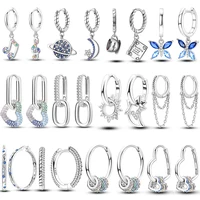 Sparkling Women Hoop Earrings 925 Silver Heart Shape Star Moon Round Blue Zircon Fit Origina Drop Earrings Jewelry Holiday gifts 1