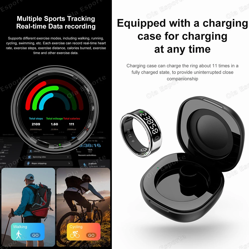 2026 New Fashion Smart Ring LED Display with Charging Case Heart Rate Sleep Monitoring IP68 Waterproof Pedometer Fitness Rings 6