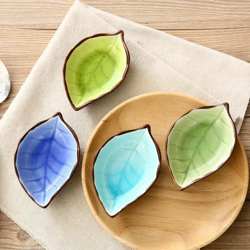 1/4PCS Leaves Ceramic Saucer Creative Ice Crack Glaze Leaf Ceramic Seasoning Soy Sauce Vinegar Plates Kitchen Multi-Purpose Dish