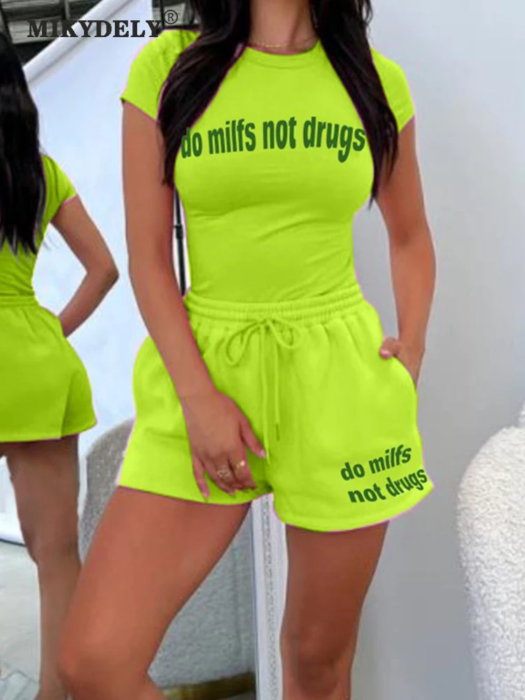 Mikydely Neon Green Shorts Sets Women 2 Pieces Sets Cropped T Shirts And Shorts Letter Print Casual Shorts Outfits Tracksuit luckymarche cropped combination t shirts qwtax23131ivx