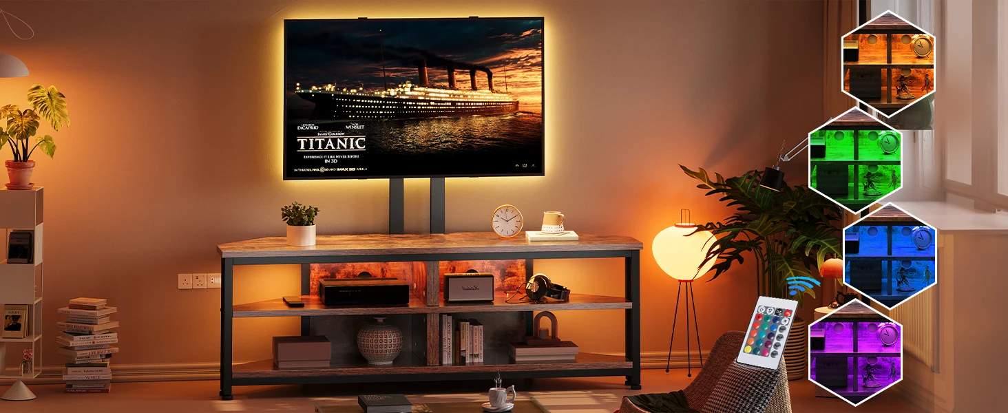 Living room with TV displaying sunset ocean scene. Entertainment center below TV. Side table with lamp. Remote control in foreground. Hexagonal color swatches to the right.