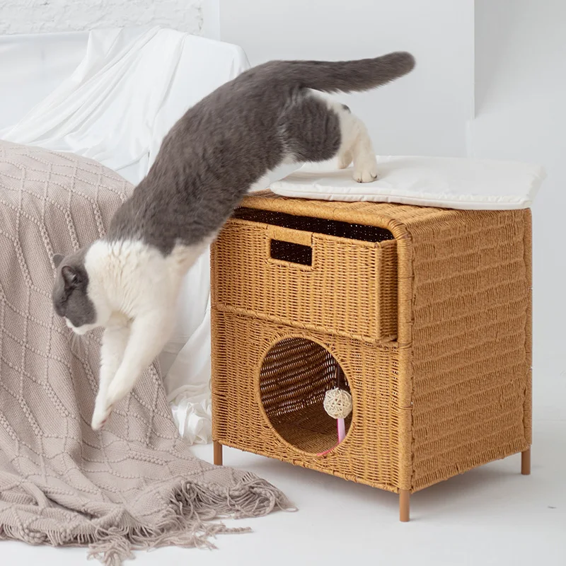 

Mifuny Woven Cat Nest Four Seasons Universal Semi Closed Double Layer Cat Bed Bedside Table Semi Closed House Vine Woven Cat Bed