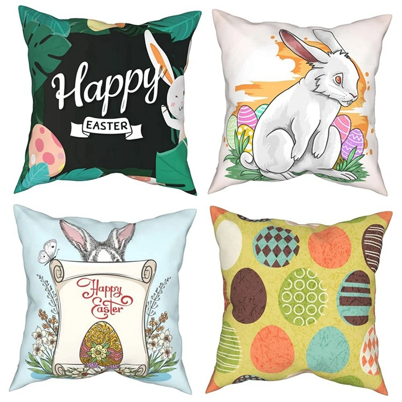 Easter Throw Pillow Covers Set Of 4, 18X18inch Bunny Decorative Square