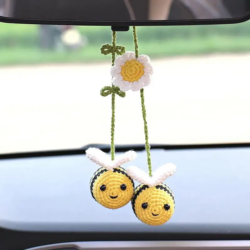 Knitted Bee Car Ornament Bee Handmade Crochet Car Ornament Woven Bee Rearview Glass Charm Car Accessories For Bee Lovers Decor
