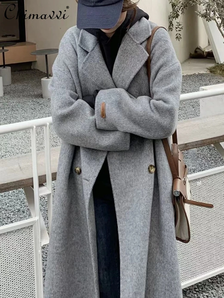 

Korean Long Woolen Coat Women Winter Temperament Commuter Hepburn Style Single Breasted Mid-Length Wool Trench Overcoat Outwear