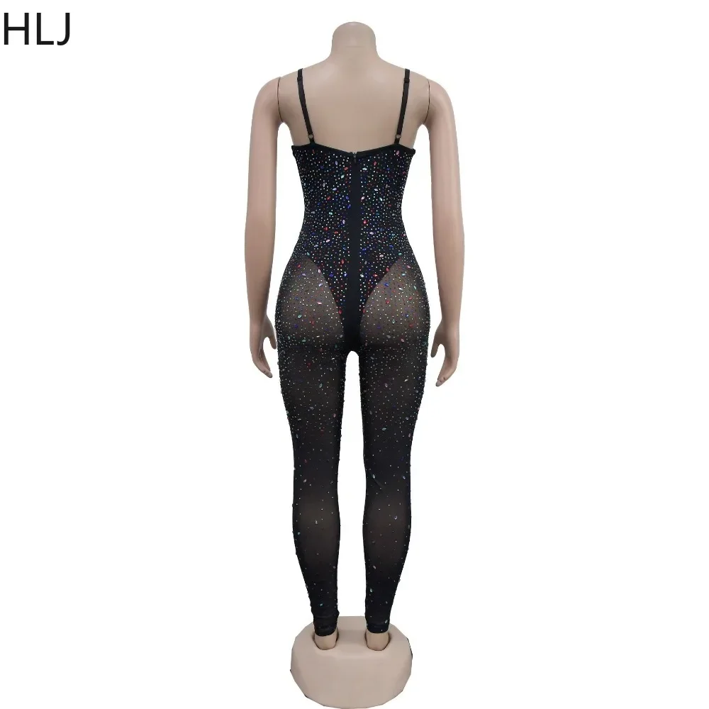 HLJ Sexy Mesh Perspective Rhinestone Bodycon Jumpsuits Women V Neck Sleeveless Slim Playsuits Fashion Party Nightclub Overalls