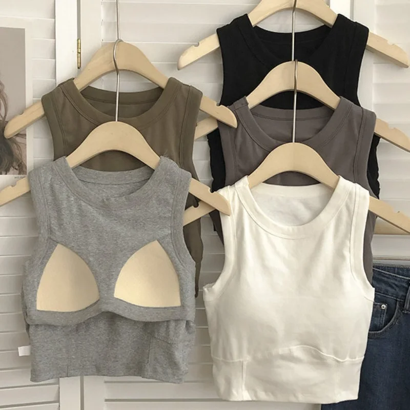 

Summer Korean Seamless Tank Top Woman Solid Slim Top with Chest Pad Short Suspender Underwear Female Brassiere Lingerie Camisole