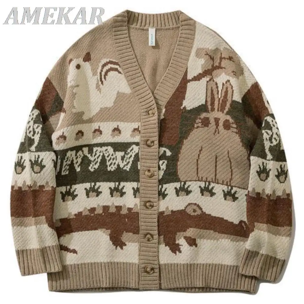 

New Japanese Harajuku Cartoon Knitted Sweater Pullover Vintage Cardigan Oversized Sweater Hip Hop Streetwear Loose Knitwear Tops