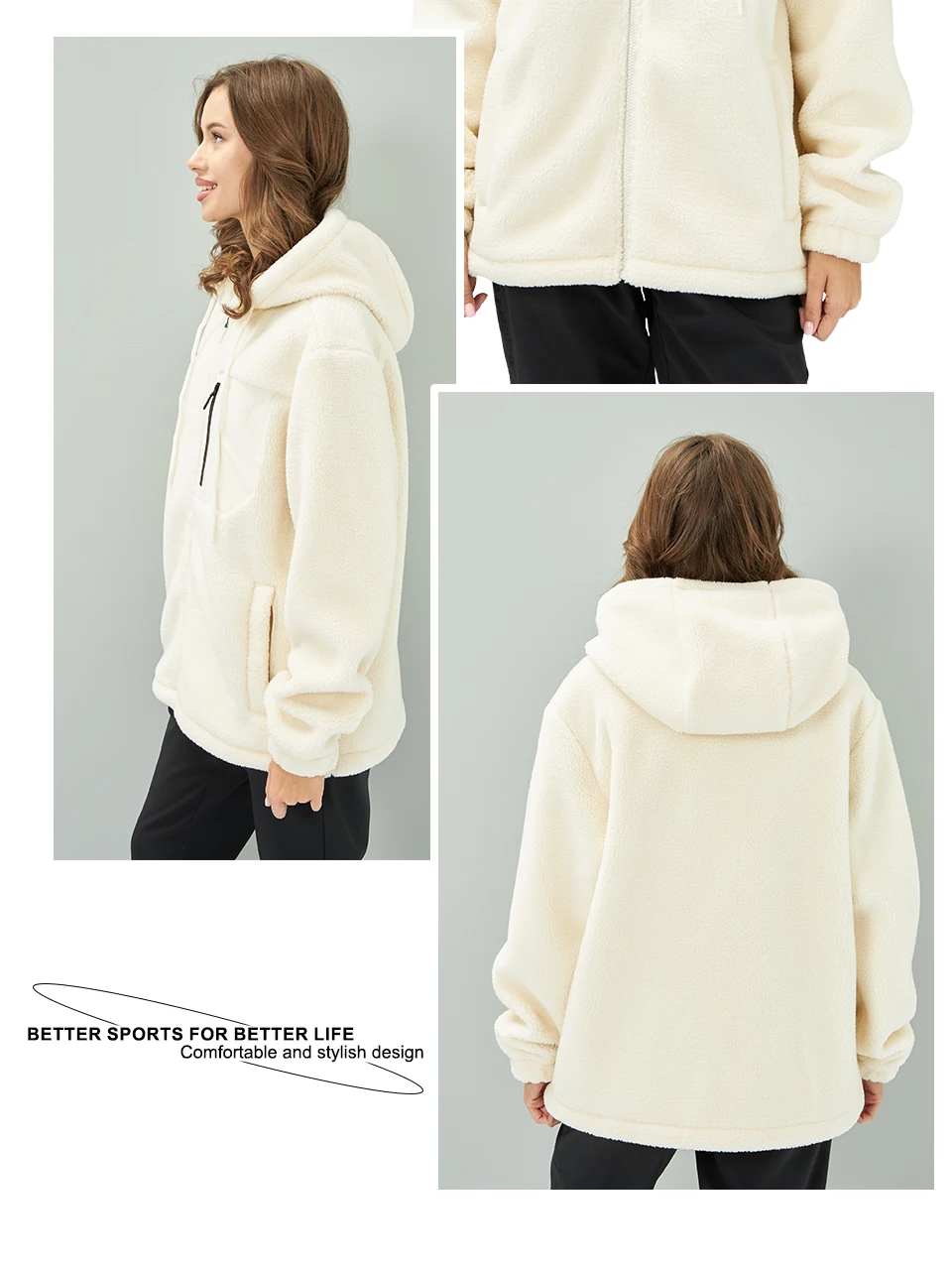 Baasploa Neue Damen Lammwoll-Hoodies Herbstmode Einfarbige Langarm-Jacke Lässiger Reißverschluss-Sweater mit Kapuze – Detail 10