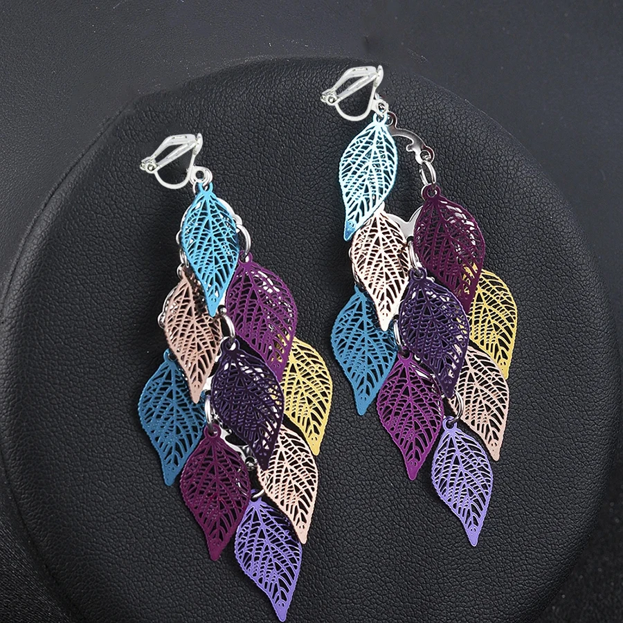 Clip on Earrings Bohemian Vintage Hollow Leaf For Women