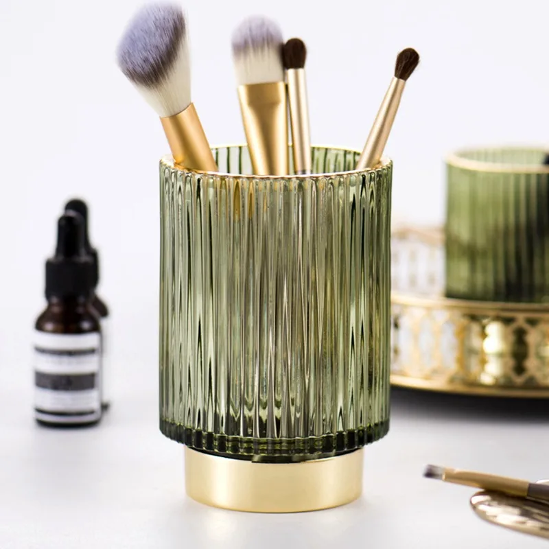 Gold Margin Thickened Glass Storage Bucket, Dark Green Pen Holder, Storage Jar Cup, Makeup Brush Bucket, Tabletop Vase 3