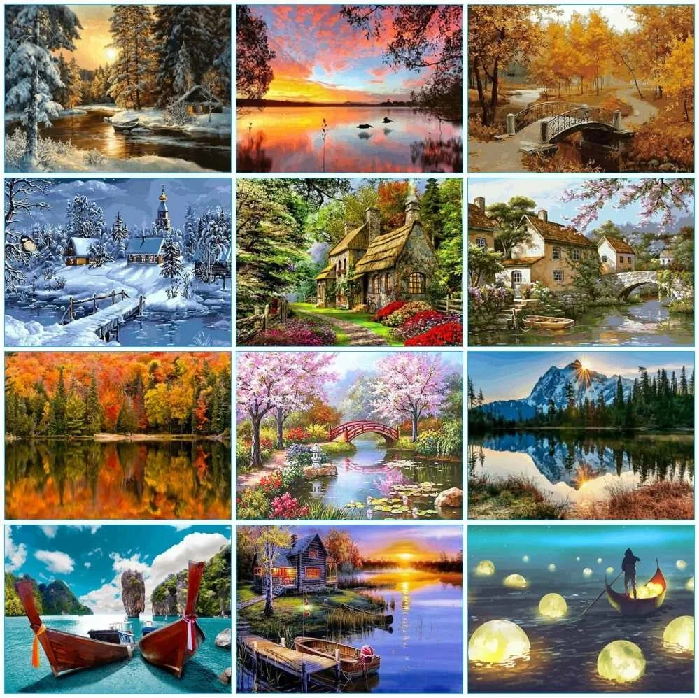Unframed DIY Painting By Numbers Landscape Kits Acrylic Paint Canvas Modern Wall 