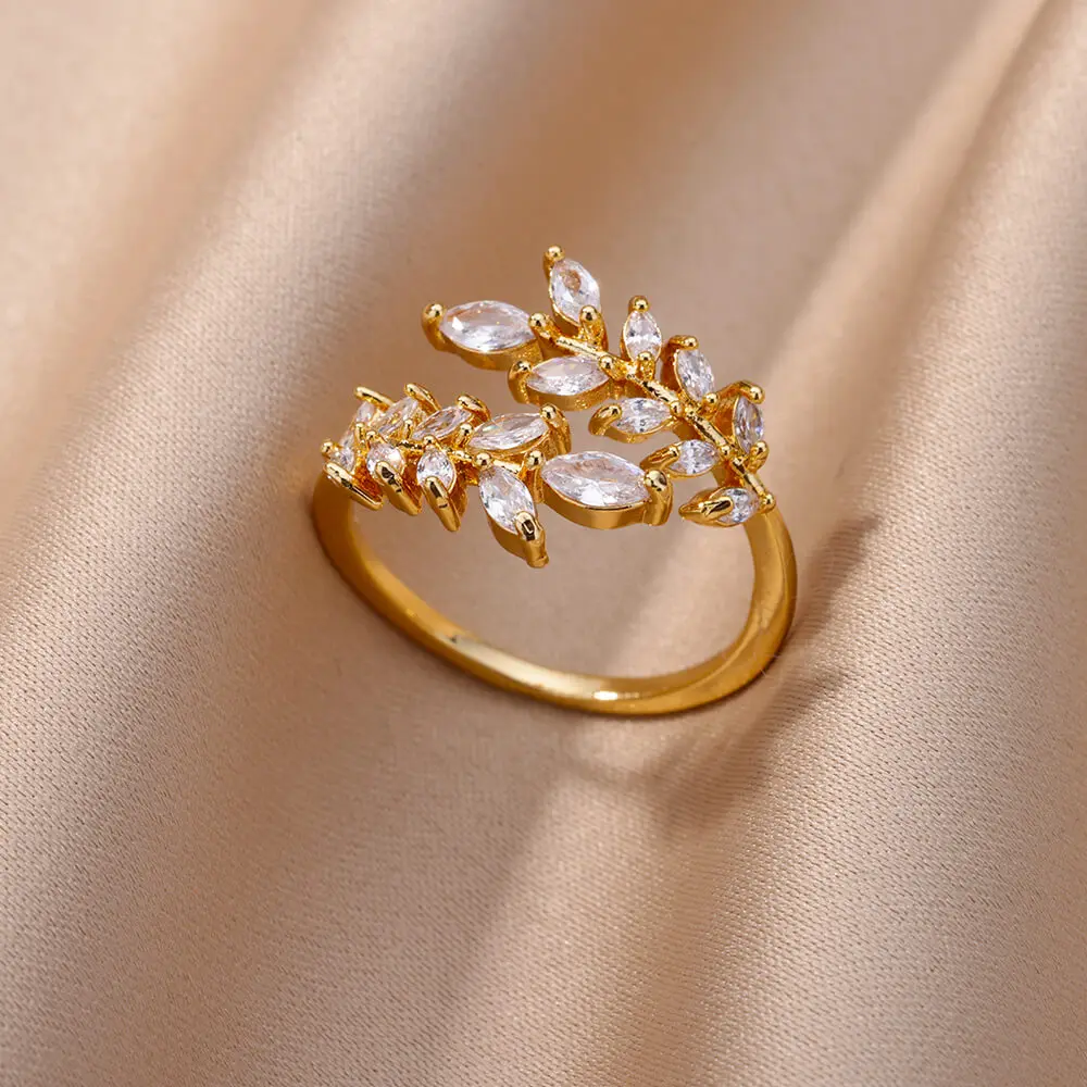 Zircon Green Rose Flower Rings For Women Stainless Steel Adjustable Leaves Ring