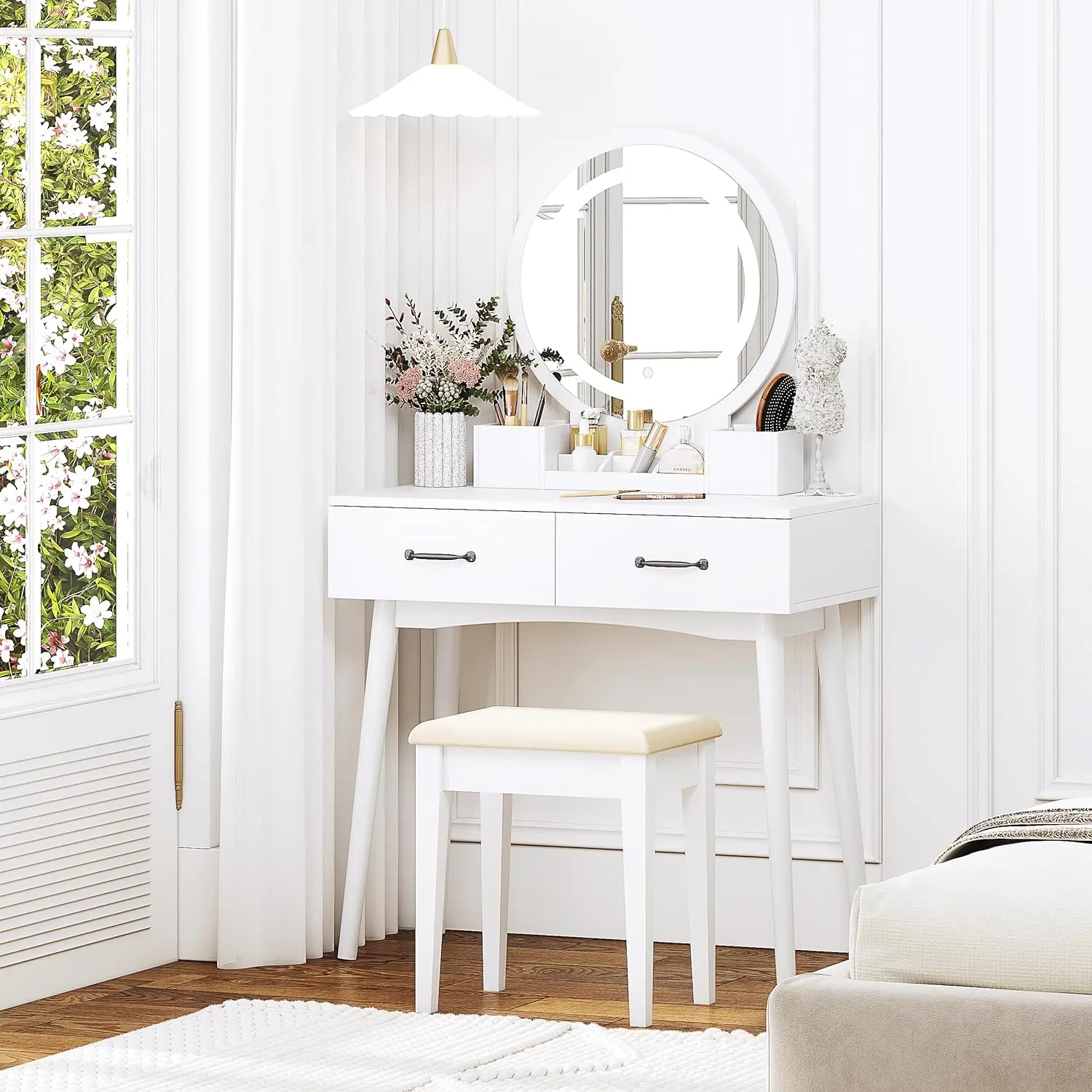 

Столик для макияжа с круглым зеркалом и подсветкой, белый столик для макияжа, маленький столик для макияжа с 2 ящиками, 3 осветительных приборов