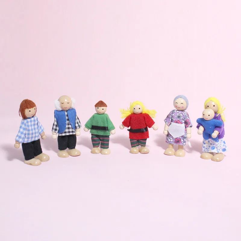 Wooden Doll Toys Set Dollhouse Family Dolls Figures Dressed Characters Children Kids Pretend Toy Gifts 4