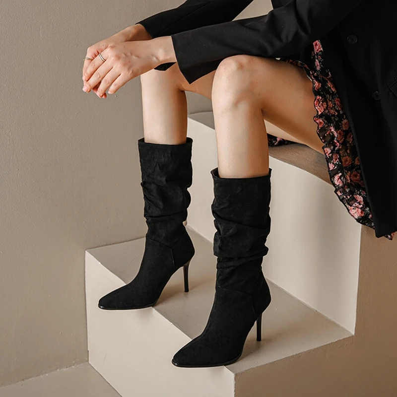 Sexy Fashion Full Boots Women Slip on Pointed Toe Knee High Boots Autumn Winter Straight Knight Botas Super Big Size 34-48 22-5