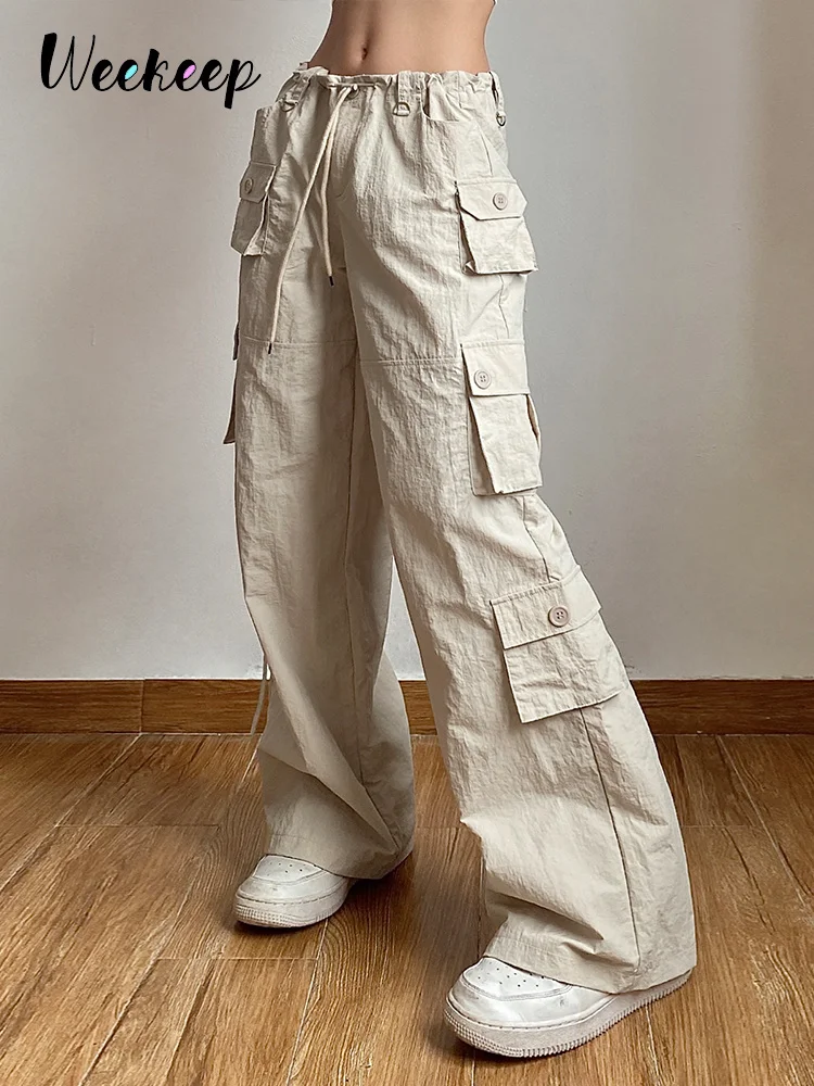 

Pocket Patchwork Straight Pants Light Khaki Low Rise Baggy Casual Cargo Pants for Women Harajuku 2000s Jogging Overalls