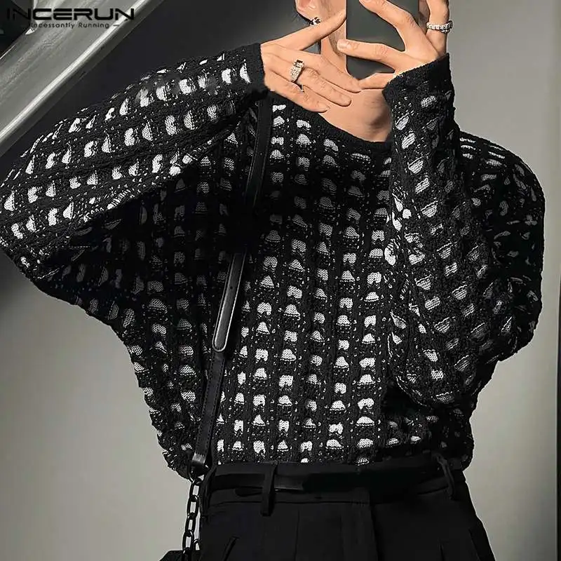 

INCERUN Tops 2023 Korean Style New Men's Retro Hollow Mesh Design T-shirts Stylish Well Fitting Male Long Sleeved Camiseta S-5XL