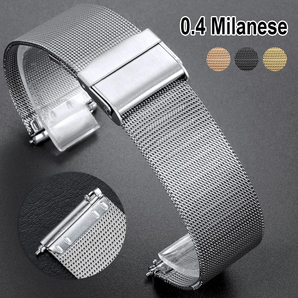 Elegant Milanese Stainless Steel Watch Band - Quick Release Strap with Double Safety Buckle in Black, Gold, or Silver
