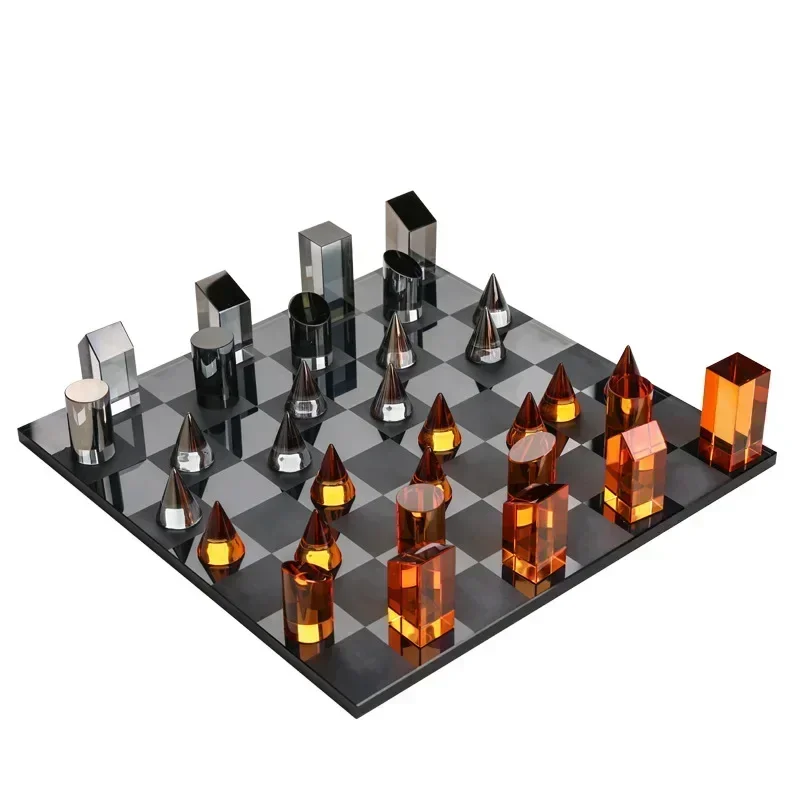 B-M Geometric Crystal Chess Chessboard Clear Glass Chess Piece Color Square Decorative Figurines Home Decoration Accessories