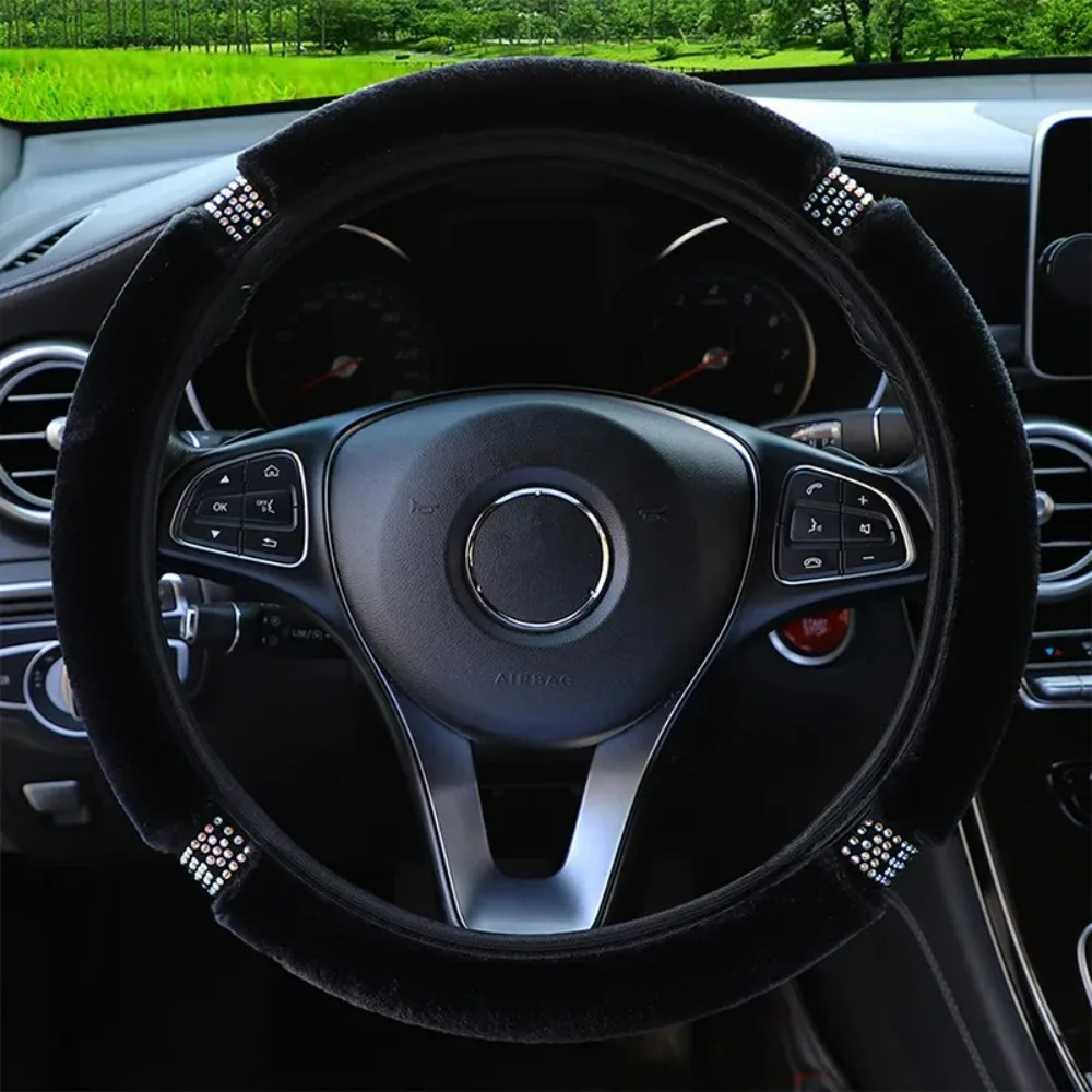 

Universal 37-38cm Diameter Soft Plush Rhinestone Car Steering Wheel Cover Interior Accessories Black Pink Car Steering Cover