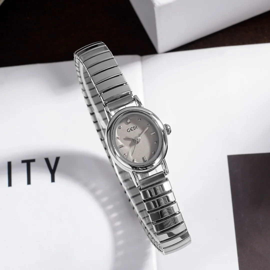 Women's Small Wrist Quartz Watch - Silver, Grey, and Gold Oval Design with Stainless Steel Band