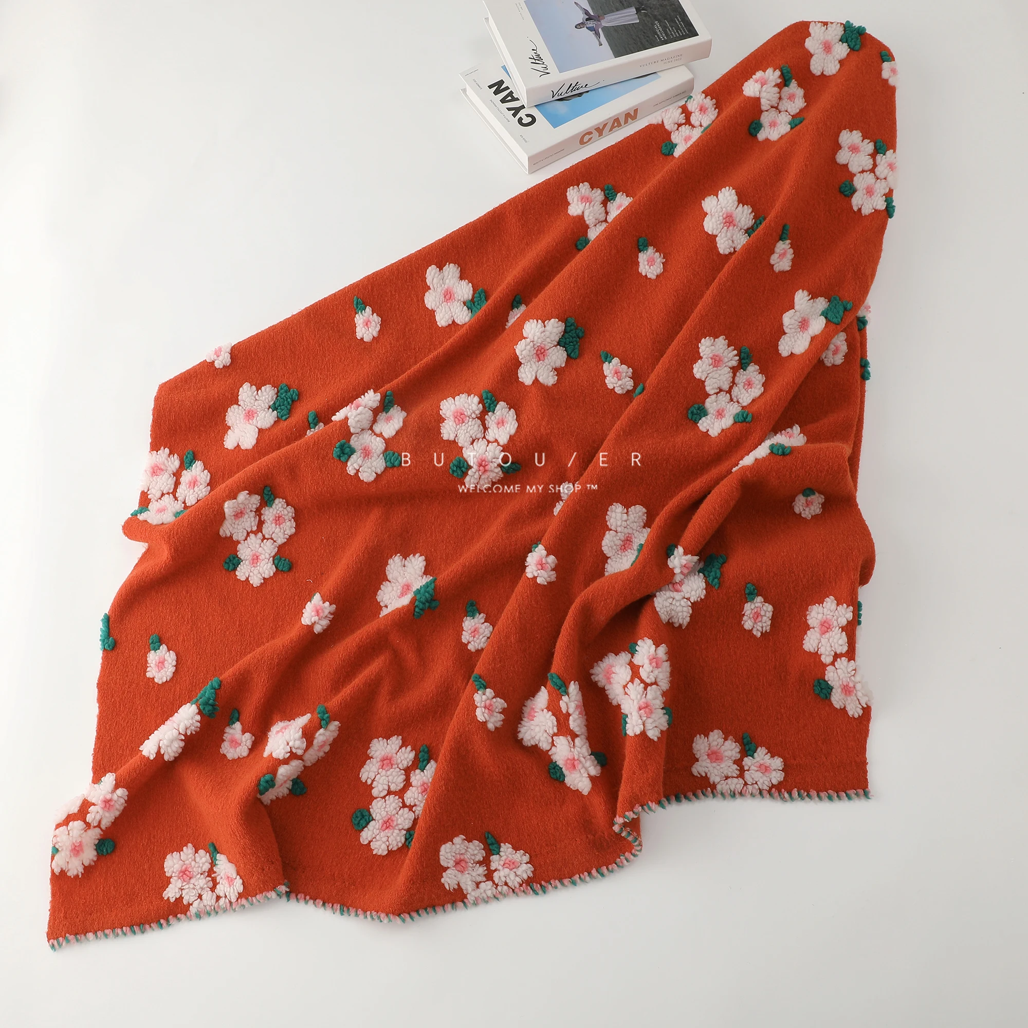 Description Picture 3 of itemOrange Red Flower Jacquard Knitted Imitation Woolen Fabric Autumn and Winter Jackets Girls' Hoodies Cloaks Handmade DIY Fabric