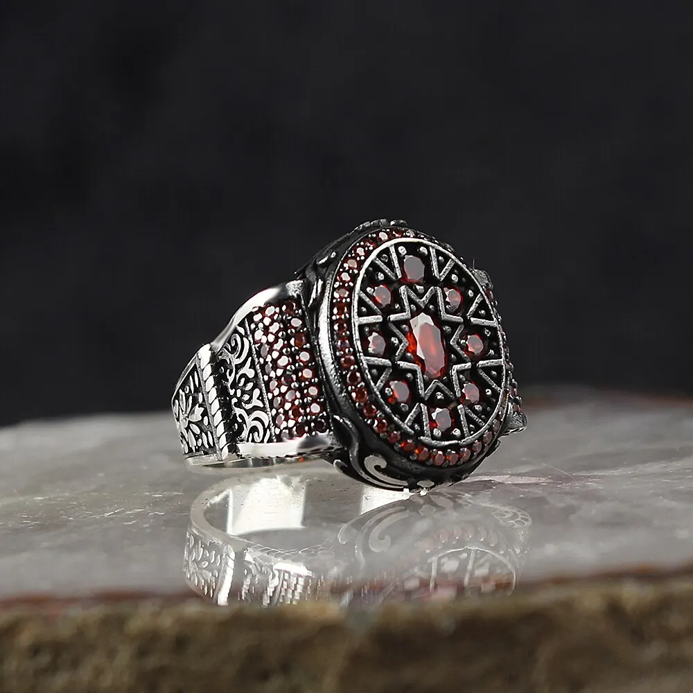 

Turkish Handmade 925 Sterling Silver Rings For Men Red Zircon Stone Jewelry Fashion Gift Mens Accessories Movador