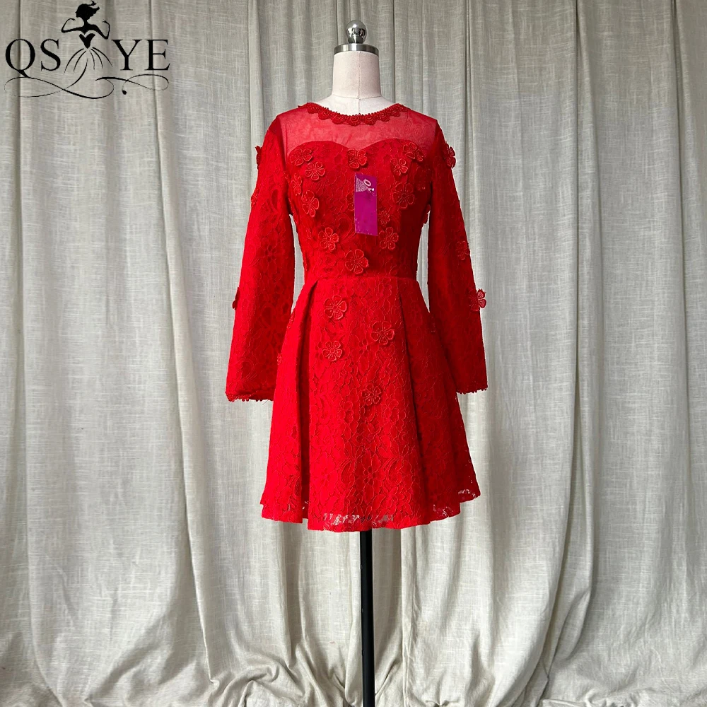 

QSYYE Red Lace A line Homecoming Dresses Long Sleeves Scoop Neck Box Pleat Short Girl Party Gown Over Knee 3D flowers Mini Gown