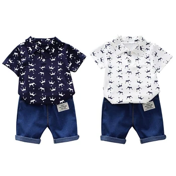 2Pcs Children Clothing for Boy 1-4Y Crown Print Shirt+Jeans Short Summer Cotton Soft Kids Set Toddler Casual Outing Fashion Suit 1
