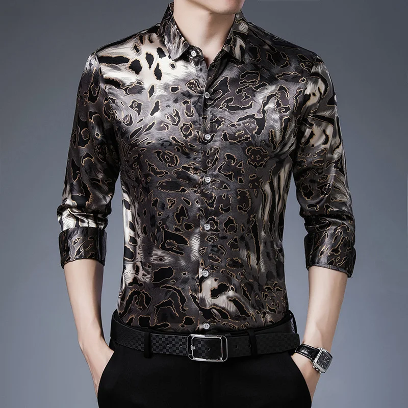 

Sexy Leopard Print Silk Like Shirt Men 2023 Luxury Brand New Slim Fit Stain Dress Shirts Mens Party Prom Wedding Chemise Homme