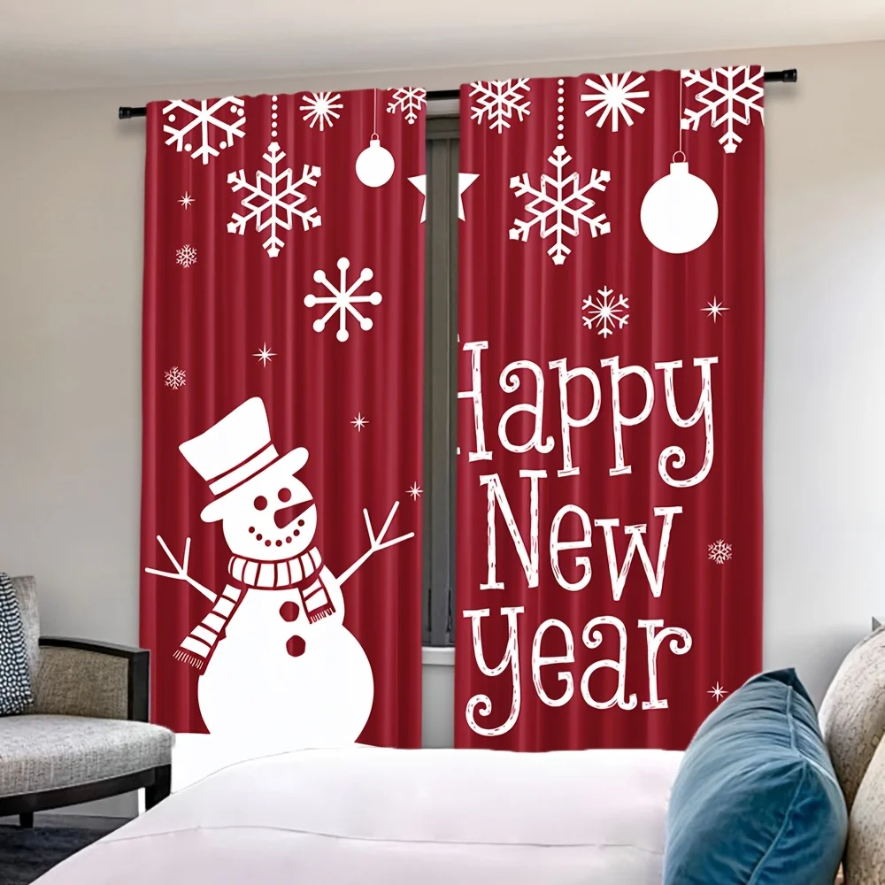 ผ้าม่านโปร่งลายเกล็ดหิมะสีแดงและสีขาว 2 ชิ้น – ของตกแต่งวันหยุดคริสต์มาสและปีใหม่สำหรับห้องนั่งเล่น ห้องนอน สำนักงาน 1