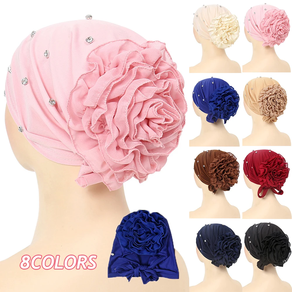 

Comfortable Head Wrap Breathable Muslim Headscarf Women's Hijabs Turban Hat Rhinestone Chiffon Hat Solid Color Dished Flower Hat