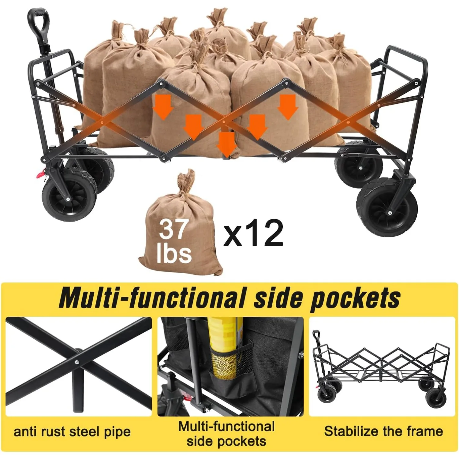 Collapsible Foldable Extended Wagon with 440lbs Weight Capacity, Heavy Duty Folding Utility Garden Cart with Big Beach Wheels