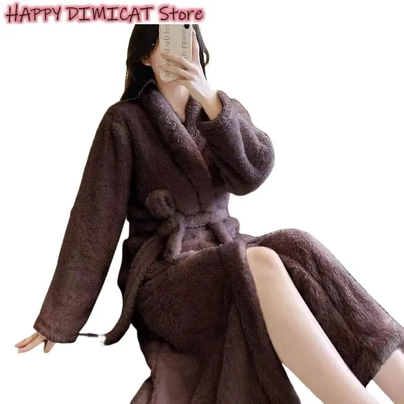 Female Waistband Pajamas Cardigan Jackets Flannel Nightgown Autumn Winter X-long Bathrobe Thicken Fluff Warm Home Service