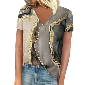 Summer Women T-Shirts 3D Gradient Texture Pattern Harajuku T Shirt Fashion Oversized Tees for Clothing Short Sleeve V-Neck Tops 2