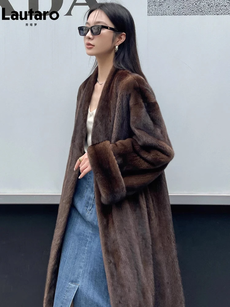 Lautaro Winter Long Vintage Elegant Luxury Chic Thick Warm Soft Brown Fluffy Faux Mink Fur Coat Women V Neck Furry Overcoat 2023 3