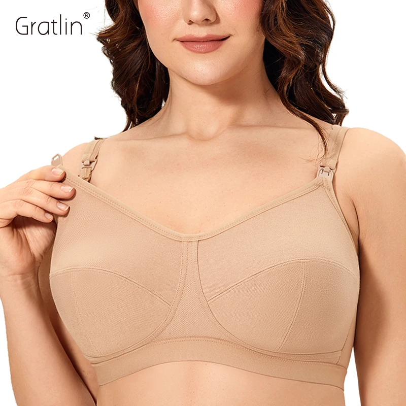 Gratlin Women's Plus Size Wirefree Cotton Maternity Nursing Bra Softcup Supportive DD E F G