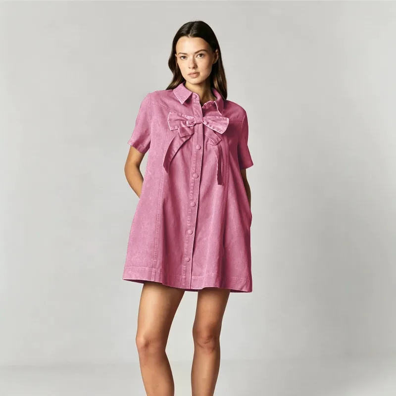 Lässiges Sommer-Denim-Minikleid für Damen in Pink, Elegantes 2026 Neues Vintage-Kleid mit Schleifendekoration, Kragen und Kurzen Ärmeln, Lockeres A-Linien-Kleid