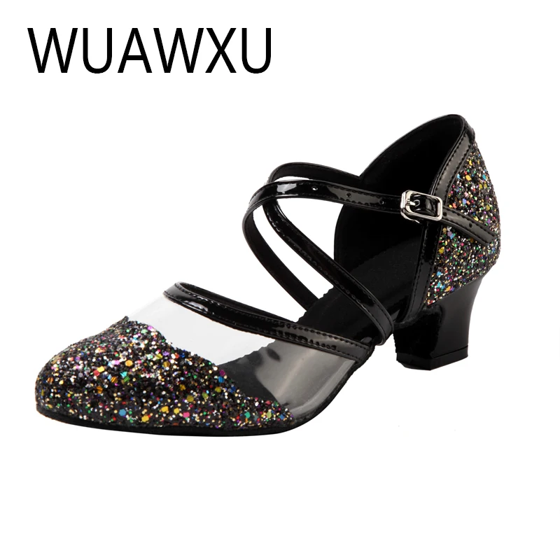 WUAWXU hot selling black and white flash cloth women's Latin dance shoes National standard dance shoes Party square dance shoes