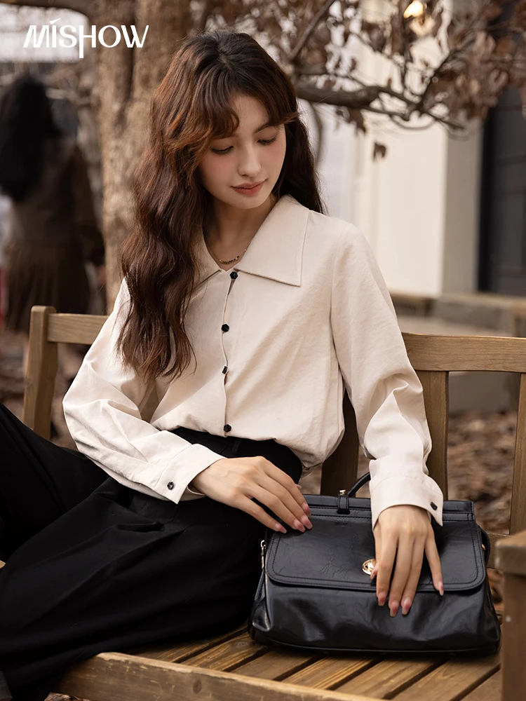 MISHOW 2023 Autumn Winter Button Up Shirt for Women French Chic Long Sleeve Office Ladies Temperament Blouses Female MXB46C0641 xnwmnz women fashion linen blended strapless jumpsuit straight neck open back temperament simple female chic jumpsuit