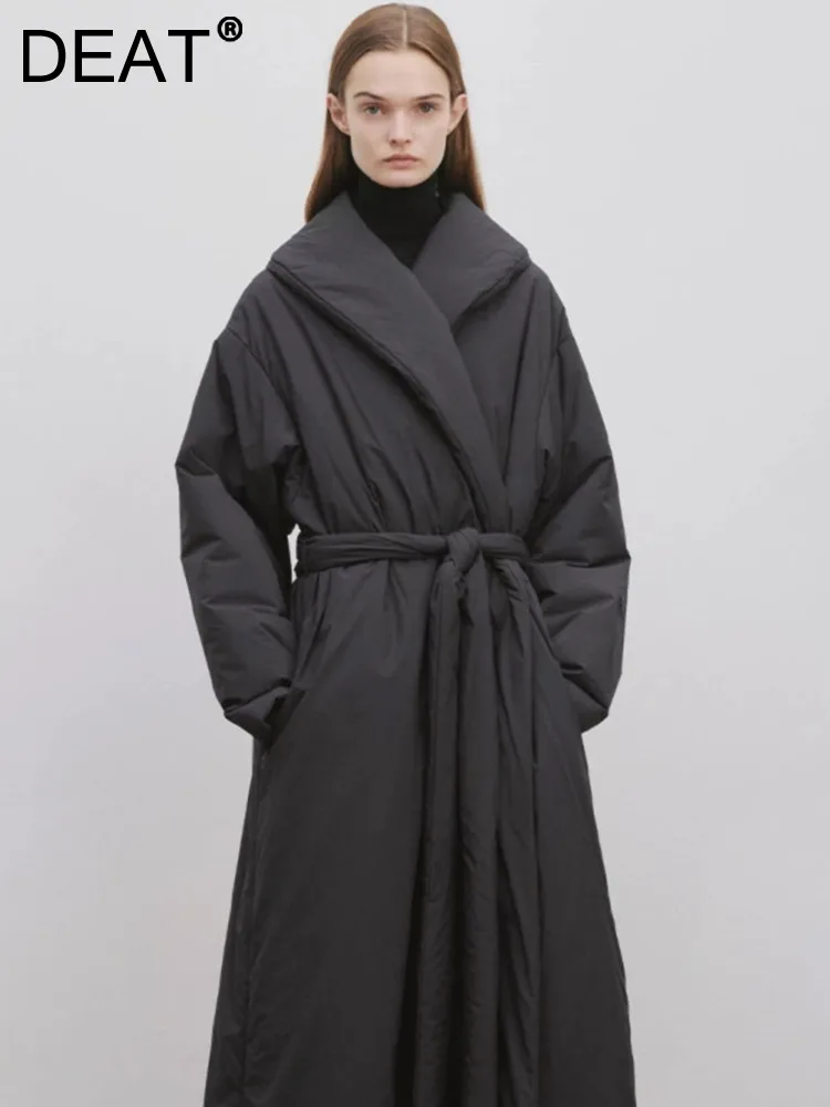 

DEAT Fashion Women's Coat Shawl Collar Long Waistband Loose Long Sleeve Solid Color Thick Downcoat Winter 2024 New Tide 7AB2951