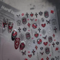 Autocollants pour ongles Gothic Rose 5D, motifs floraux rouges, croix, cœur rubis, papillon, bordure ajourée antique, strass, accessoires pour ongles audacieux 4