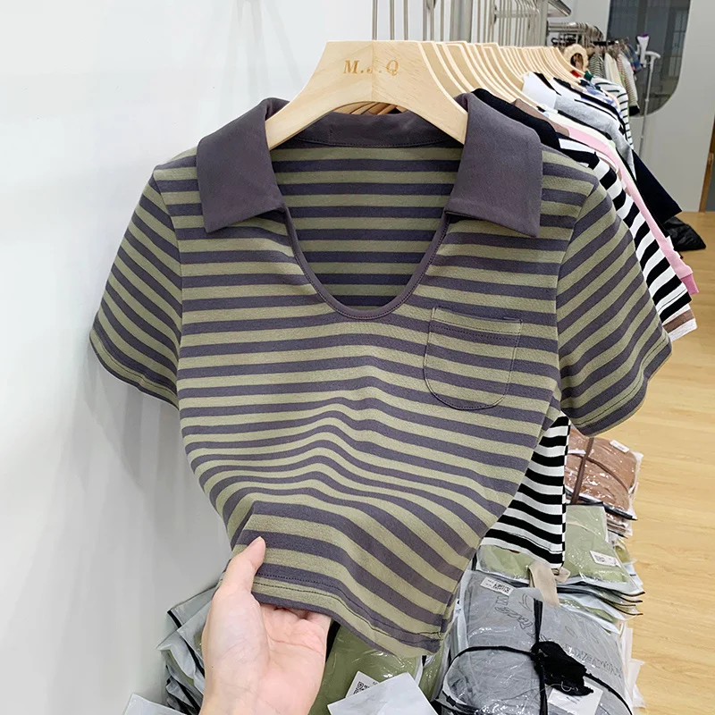 

Summer Striped V-neck Chic Basic T-shirt Women Skinny Short Sleeve Sweet Short Top Female Pockets Turn-down Collar Tshirt