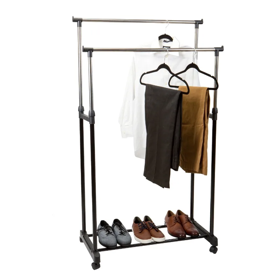 Double Tier Adjustable Height Rolling Garment Rack Metal Black and Silver 3