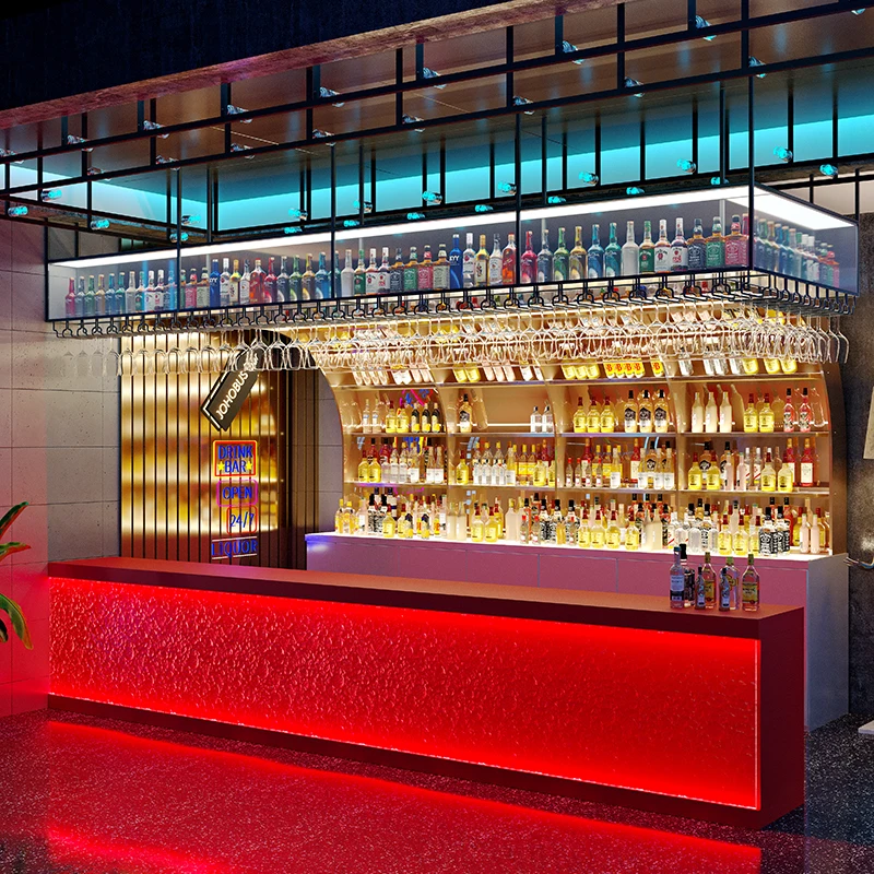 Bar Counter, Wine Cabinet, Wall Mounted Luminous Wine Rack, Wrought Iron Creative Tempered Glass Cashier Counter